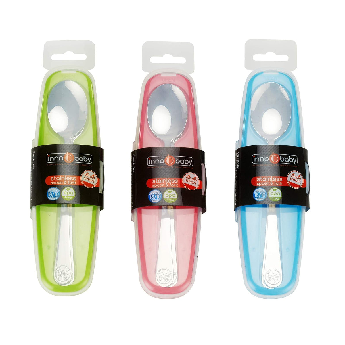 Innobaby DIN DIN Smart Cuchara y Tenedor de Acero Inoxidable con Estuche de Transporte. Juego de Utensilios para niños y niños pequeños. Sin BPA. Azul.