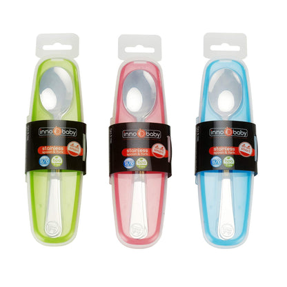 Innobaby DIN DIN Smart Cuchara y Tenedor de Acero Inoxidable con Estuche de Transporte. Juego de Utensilios para niños y niños pequeños. Sin BPA. Azul.