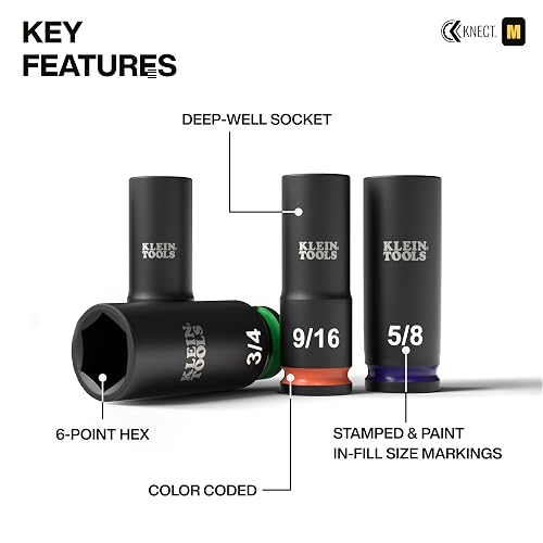 KLEIN TOOLS 65109IMPCT KNECT Juego de dados de impacto de pozo profundo de 3/8 de pulgada, juego de herramientas SAE de 9 piezas con adaptador de destornillador de impacto, adaptador de llave