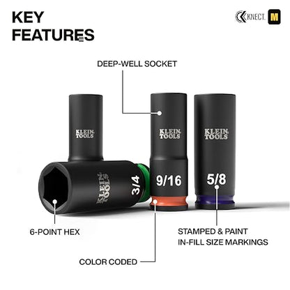KLEIN TOOLS 65109IMPCT KNECT Juego de dados de impacto de pozo profundo de 3/8 de pulgada, juego de herramientas SAE de 9 piezas con adaptador de destornillador de impacto, adaptador de llave
