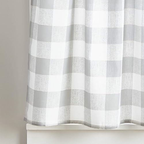 Curtain Works Country - Cortinas rústicas Modernas para Cocina, diseño de búfalo a Cuadros y Cenefa de café, Juego de 3 Piezas, 36 Pulgadas, Color Gris Blanco