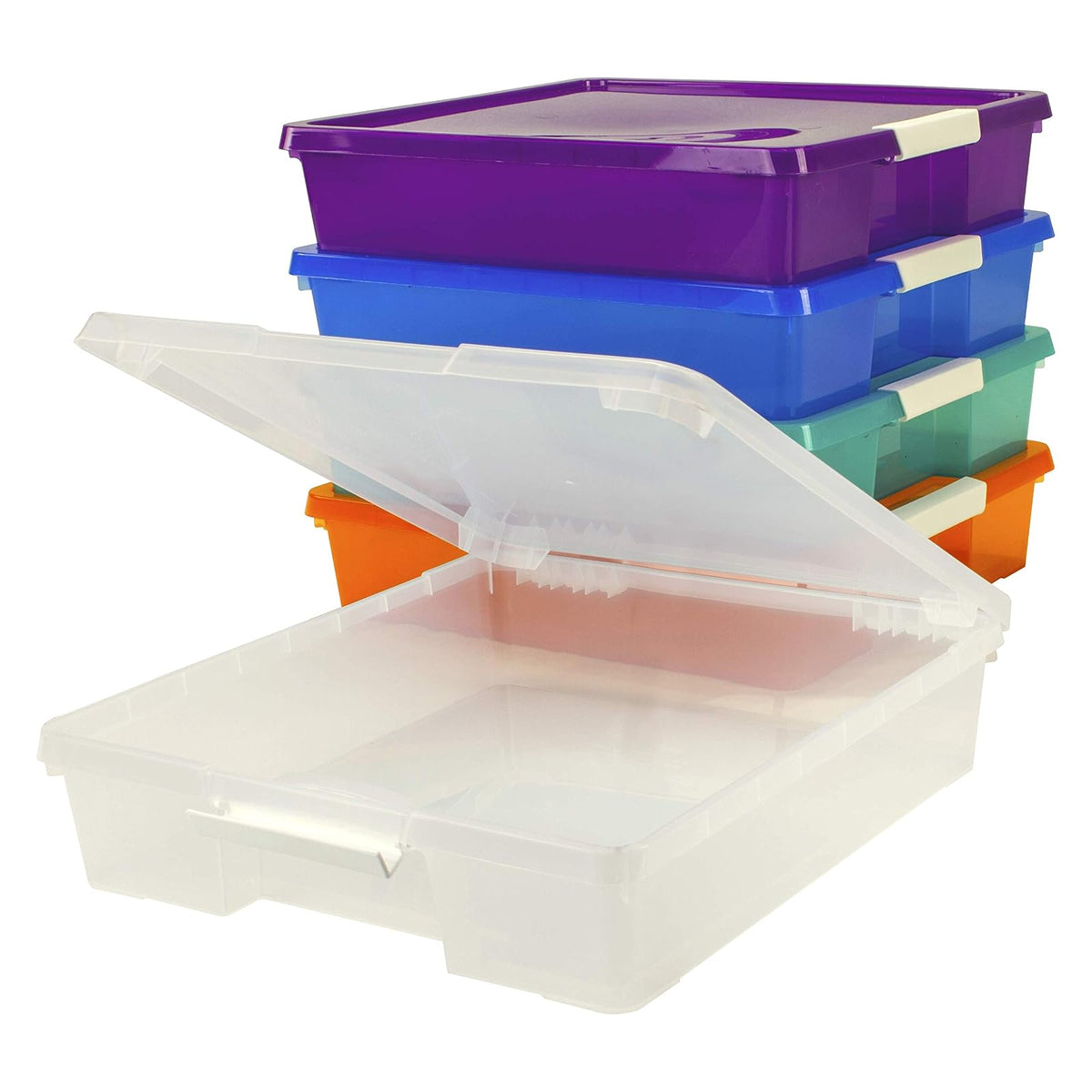 Storex Classroom Craft Project Box – Organizador de plástico apilable para papel de álbum de recortes de 12 x 12 pulgadas, varios colores de vapor, paquete de 5 (63202C05C)
