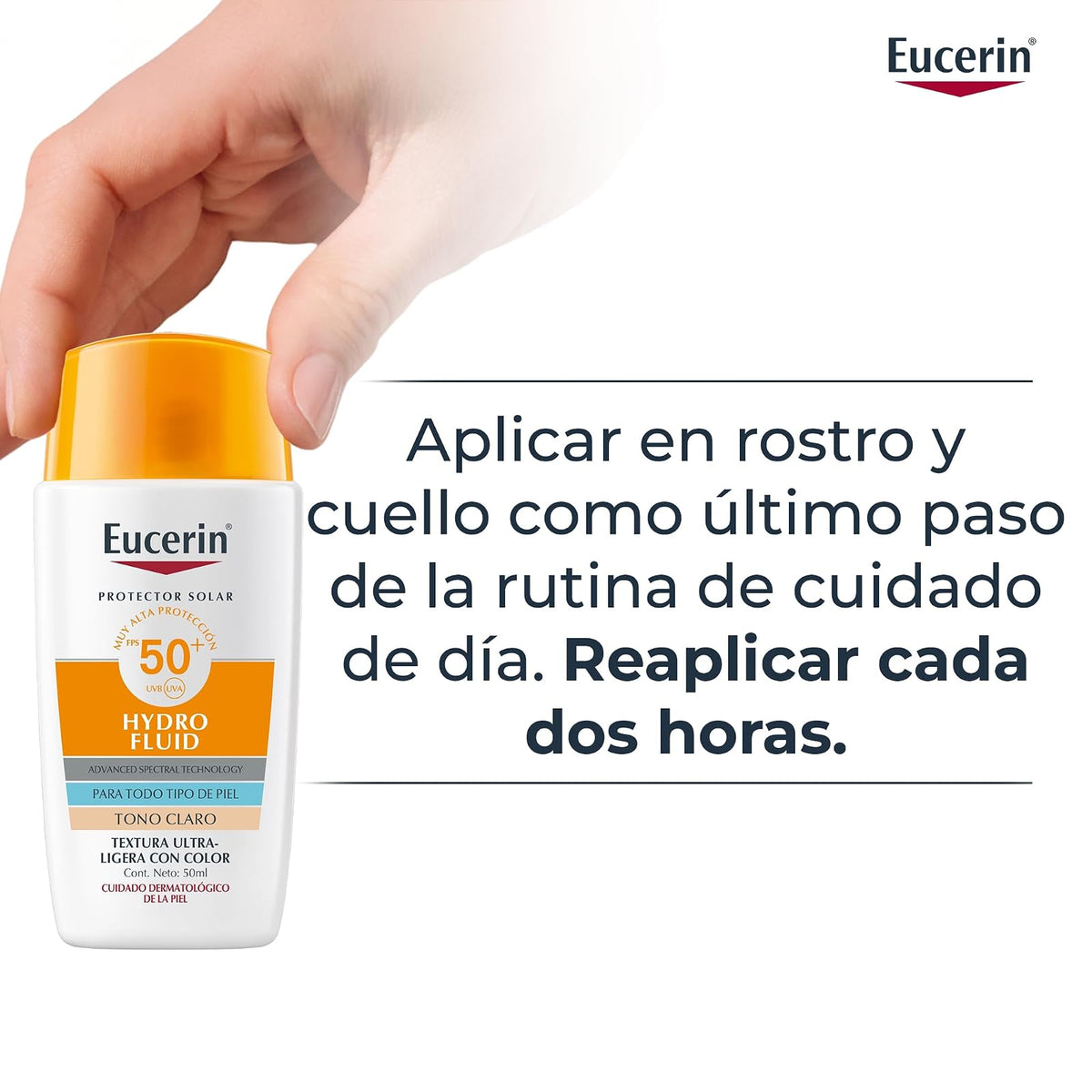 Eucerin Sun Face Hydro-Fluid FPS 50 + Tono Claro 50ml Protector Solar Facial con Color, textura ligera, suave y refrescante. Rápida absorción sin sensación grasosa o pegajosa.