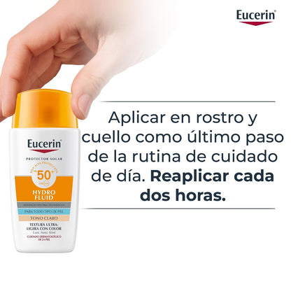 Eucerin Sun Face Hydro-Fluid FPS 50 + Tono Claro 50ml Protector Solar Facial con Color, textura ligera, suave y refrescante. Rápida absorción sin sensación grasosa o pegajosa.
