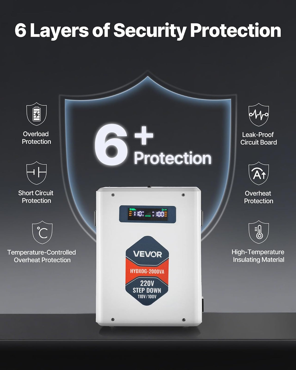 VEVOR Convertidor Reductor de Voltaje de 2000 VA, de 220 V a 110 V, de Alta Resistencia, con 2 Tomas de Corriente Estadounidenses, Salida USB, Pantalla LCD, Protección de Temperatura, Blanco