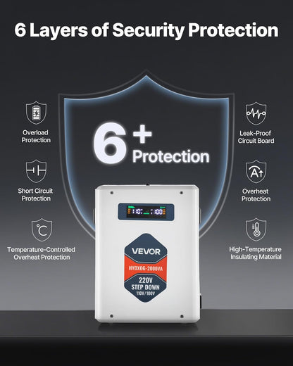 VEVOR Convertidor Reductor de Voltaje de 2000 VA, de 220 V a 110 V, de Alta Resistencia, con 2 Tomas de Corriente Estadounidenses, Salida USB, Pantalla LCD, Protección de Temperatura, Blanco