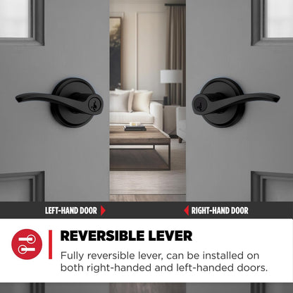 Kwikset Sedona - Manija de puerta de entrada con cerradura y llave, palanca reversible con llave segura, para entrada frontal y dormitorios, negro mate, resistente a las púas Smartkey Rekey Security y