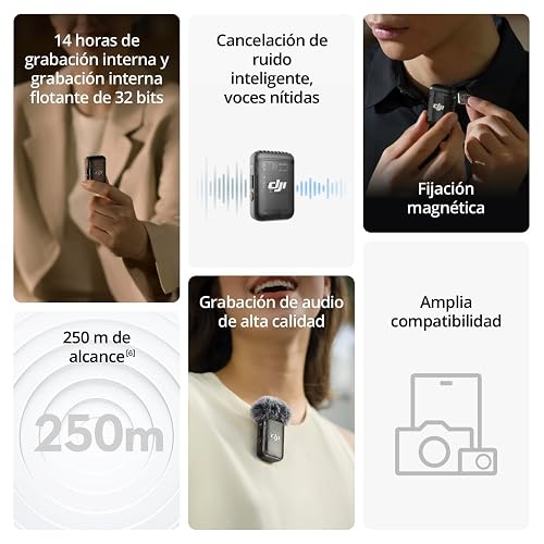 DJI Mic 2 (1 TX+1 RX) | micrófono inalámbrico con cancelación de ruido inteligente, grabación interna flotante de 32 bits, sonido optimizado