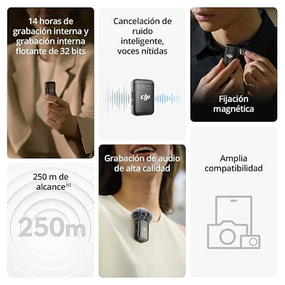 DJI Mic 2 (1 TX+1 RX) | micrófono inalámbrico con cancelación de ruido inteligente, grabación interna flotante de 32 bits, sonido optimizado