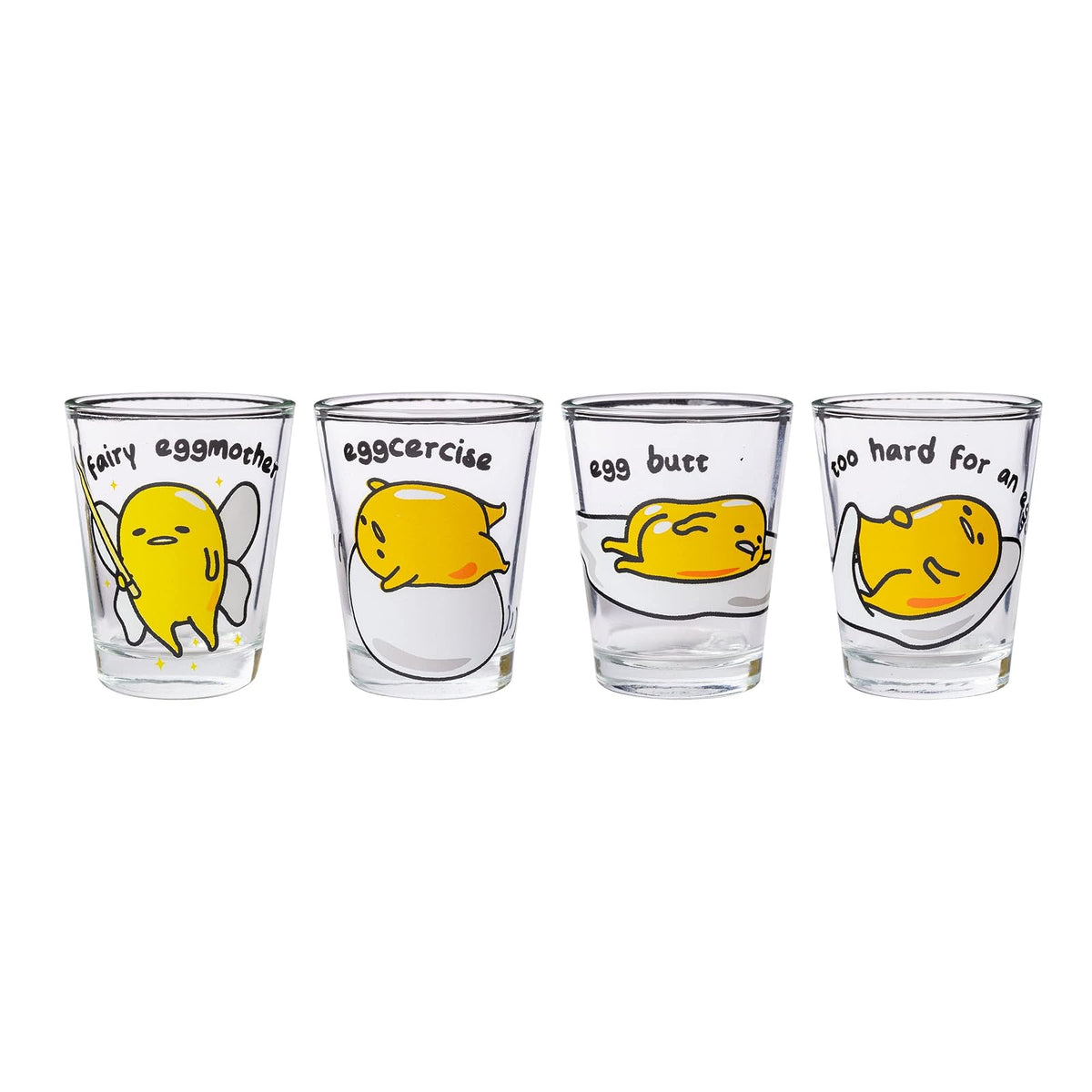 Silver Buffalo Sanrio Hello Kitty and Friends Gudetama Lazy Egg Poses Paquete de 4 mini vasos de 1.5 onzas