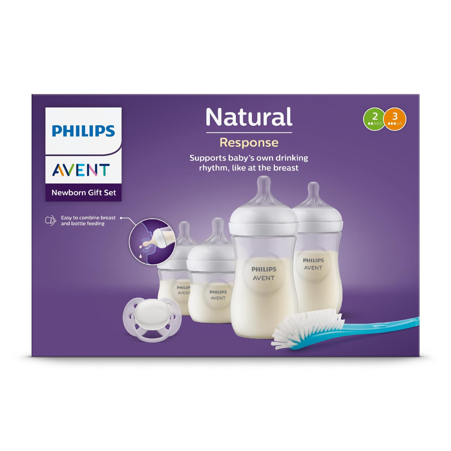 Philips Avent Set para Regalo Natural Response│Recién Nacido│2 biberones 4 oz/125 ml y 2 biberones 9 oz/260 ml, un chupón ultra soft y un cepillo limpiador│0 m+ | SCD838/11
