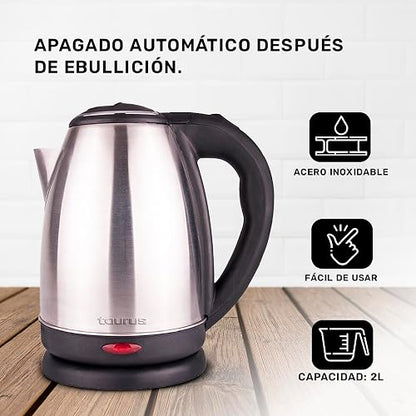 TAURUS CARONTE | Hervidor Eléctrico 2L de Acero Inoxidable | Ebullición Rápida en Minutos | Seguro, Durable y con Apagado Automático | Ideal para Té, Café y Cocina Diaria