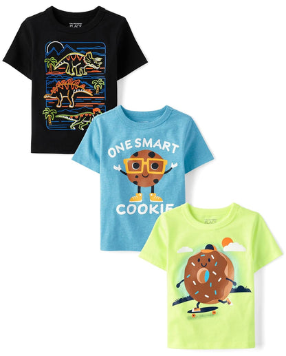 The Children's Place Camisetas Gráficas Manga Corta para Niño - Cookie - Donut - Dinos inteligentes - 3T