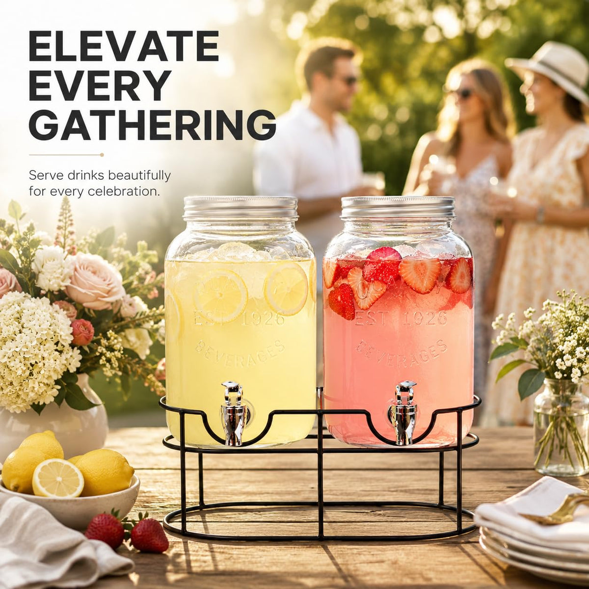 Estilo 1 galón de vidrio Mason Jar doble Bebida Dispensador de bebidas en soporte de metal con Spigot sin fugas