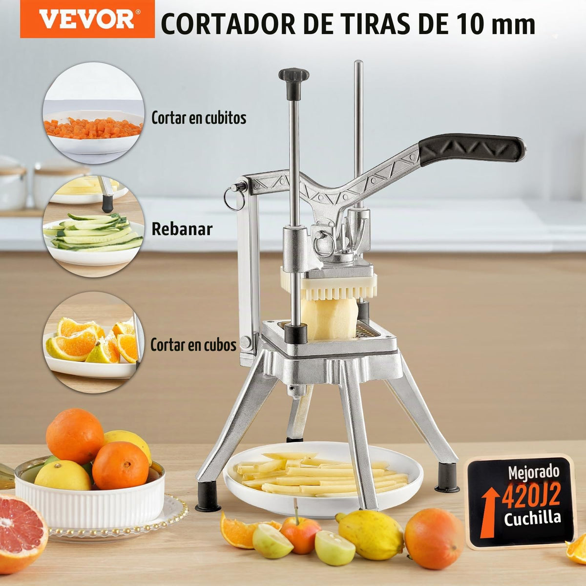 VEVOR - Picador comercial de frutas de verduras de 3/8 pulgadas de hoja profesional de alimentos Kattex cortador de fritura francesa, cortador de cebolla, acero inoxidable para tomate, pimientos