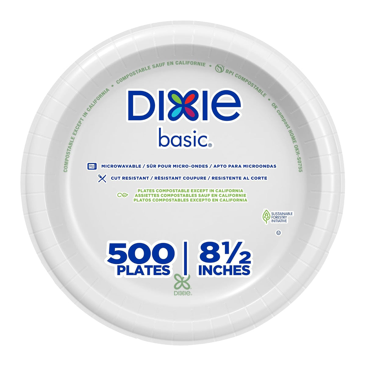 Dixie Basic - Platos de papel ligeros de 8.5 pulgadas por GP PRO, blanco, 500 unidades (125 platos desechables por paquete, 4 paquetes por caja), DBP09W