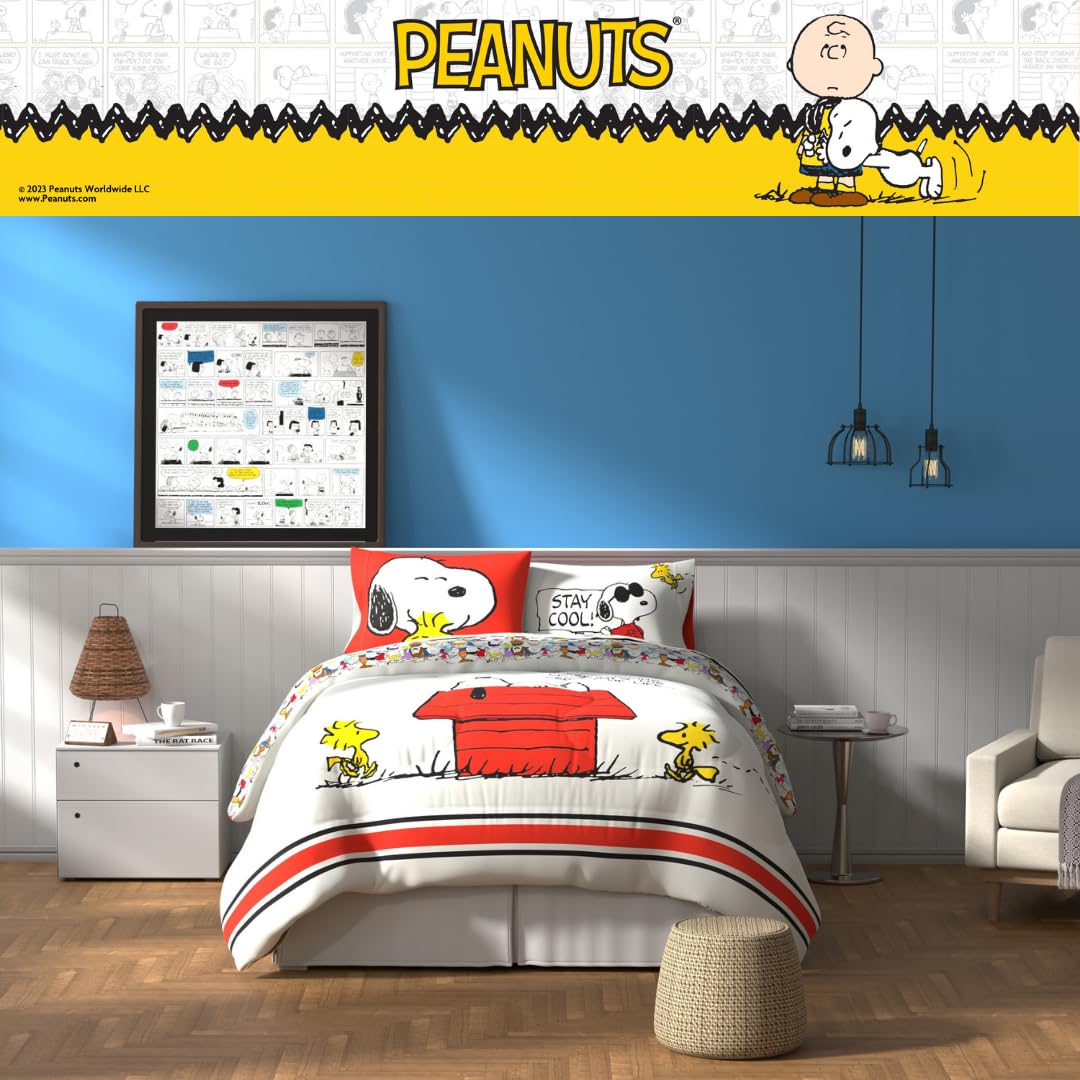 Franco, Charlie Brown & Snoopy Classic - Juego de edredón y sábanas súper Suaves, 5 Piezas, tamaño Matrimonial, Producto Oficial con Licencia.