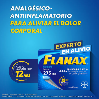 Flanax Naproxeno 275mg, Analgésico para Desinflamar y Aliviar el Dolor, Hasta 12 Horas de Alivio con Una Solo Tableta, 20 Tabletas