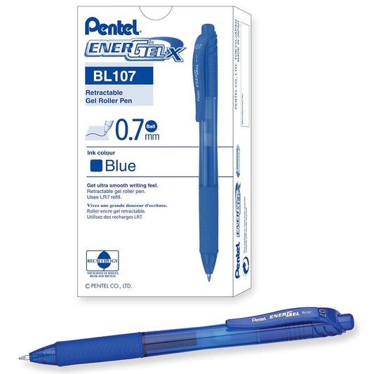 Pentel EnerGel-X Bolígrafo Tinta Gel Líquida, Retráctil, Punto Fino, 0.7 mm, Tinta Azul, Caja con 12 Piezas, BL107-C