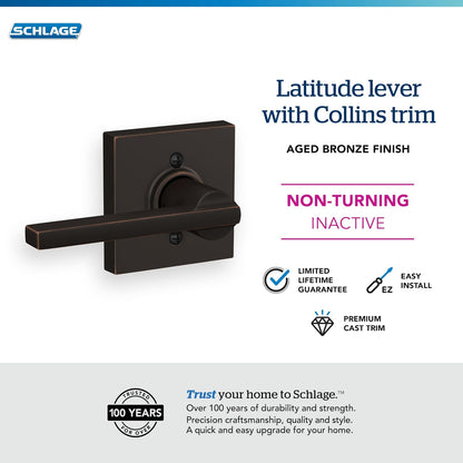 Schlage F170 LAT 716 COL Palanca Latitude con ajuste Collins Manija de puerta maniquí sin giro, bronce envejecido