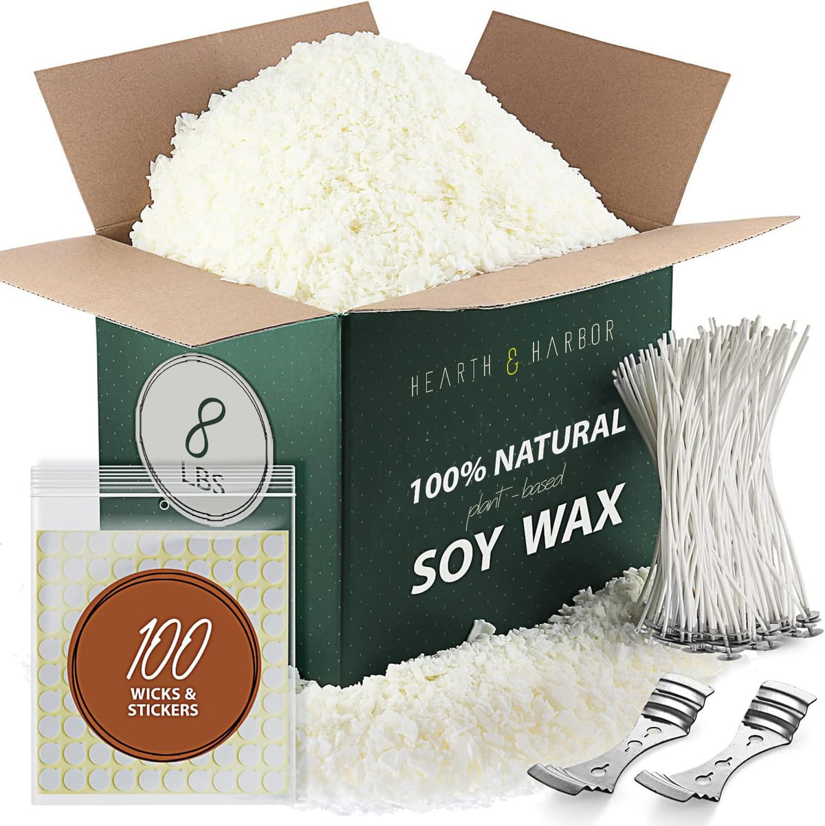 Hearth & Harbor - Bolsa de 4.53 kg Cera de Soya para Velas para Hacer Velas, Hojuelas de Cera de Soya Natural Premium, 100 Mechas de Algodón, 100 Pegatinas para Mechas y 2 Dispositivos de Centrado