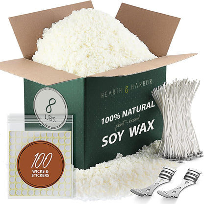 Hearth & Harbor - Bolsa de 4.53 kg Cera de Soya para Velas para Hacer Velas, Hojuelas de Cera de Soya Natural Premium, 100 Mechas de Algodón, 100 Pegatinas para Mechas y 2 Dispositivos de Centrado