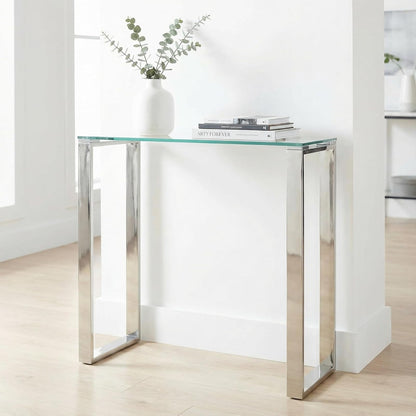 Cortesi Home Forli - Mesa de Consola pequeña de Entrada de Vidrio contemporáneo y Acabado de Acero Inoxidable de 28 Pulgadas de Ancho, Color Plateado y Transparente