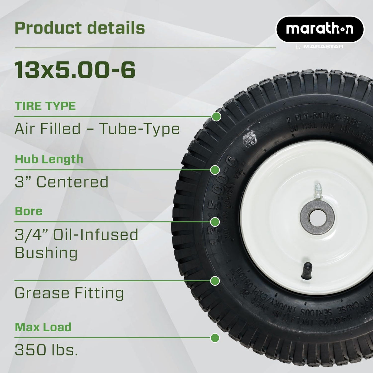 Marathon 13 x 5.00 - 6" (Relleno) en Rueda de neumático de Aire neumáticas, rodamientos de Eje DE 3", 3/4", Blanco, 13x5.00-6in