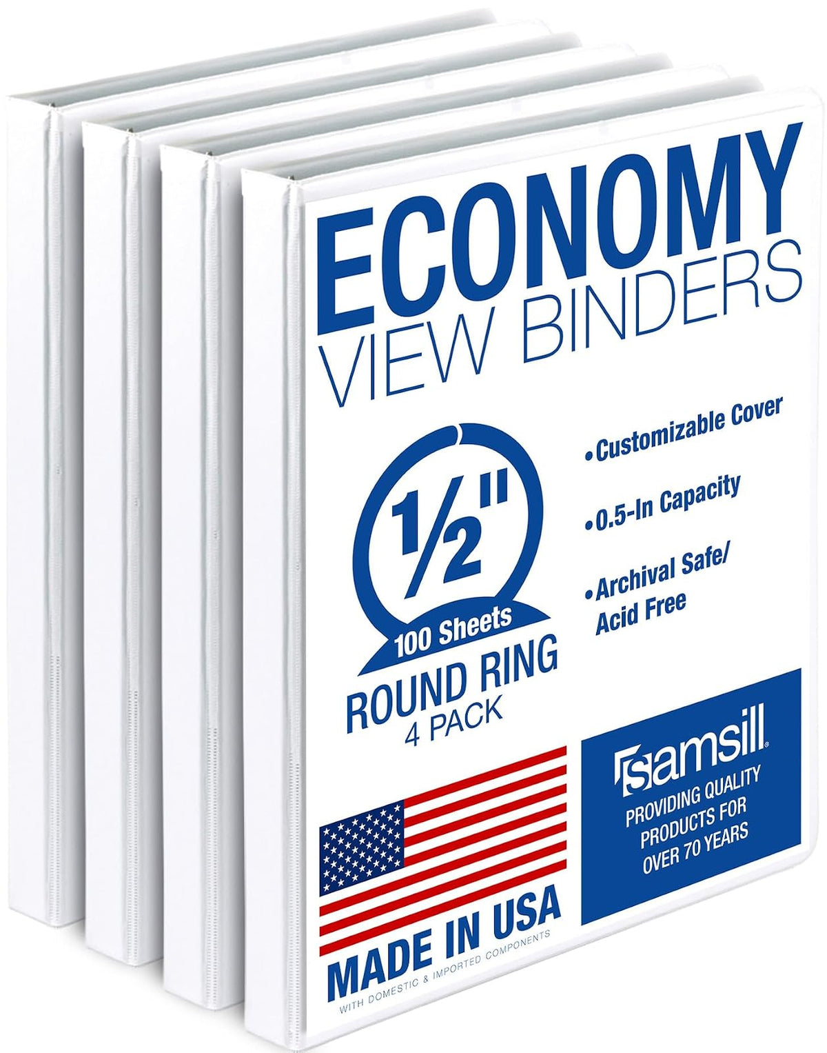 Samsill Carpeta de 3 anillas de 1.5 pulgadas, fabricada en Estados Unidos, anillo redondo económico, cubierta de visión transparente, capacidad de 325 hojas, para escuela, hogar, oficina, negro, - Azul - 4 paquetes - .5 pulgadas