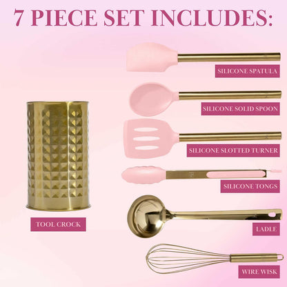Paris Hilton - Juego de utensilios de cocina con utensilios de cocina de silicona, batidor y cucharón de acero inoxidable, 7 piezas, rosa y dorado