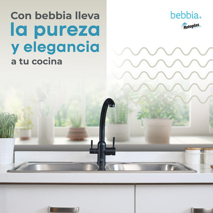 Rotoplas Bebbia Grifo 3 Vías Negro Mate Arco | Agua fría, caliente y purificada, acero inoxidable, conductos separados