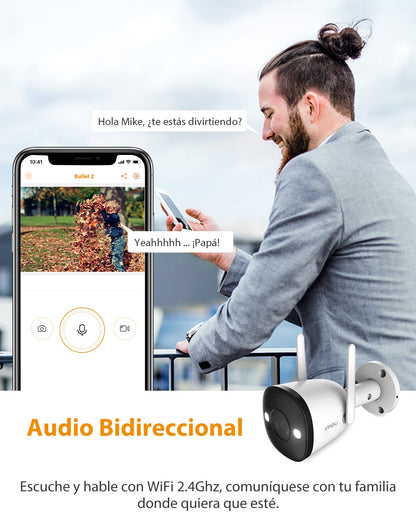 Bullet2 cámara IP WiFi de 2 Mpx/Full Color/Disuasión Activa con Estrobo y Sirena Integrados/108 Grados de Apertura/30 Mts de IR/H.265/IP67/Audio Bidireccional/Micrófono Integrado/Detección de Humanos