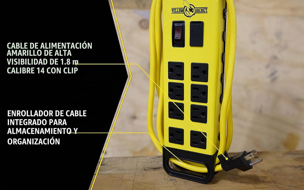 Yellow Jacket - Tira protectora de sobretensión de metal, 8-Outlet Power Strip, Amarillo