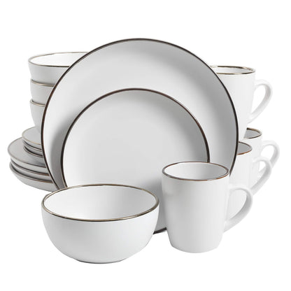 Gibson Home - Vajilla Rockaway redonda de gres, servicio para 4 (16 piezas), color blanco mate y metálico