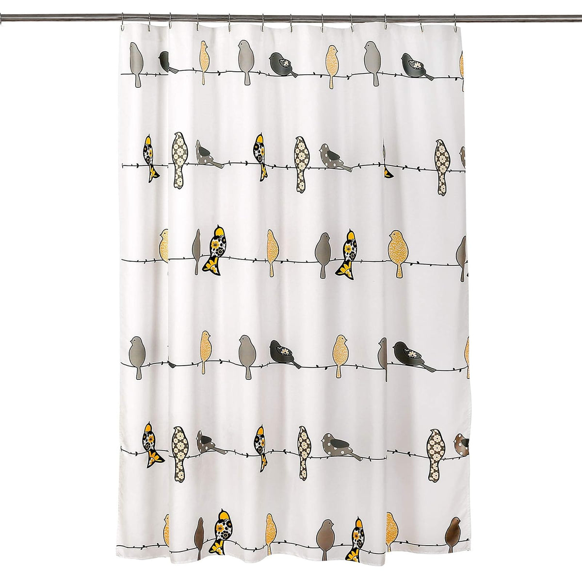 Lush Decor Rowley Birds - Cortina de Ducha de 72 Pulgadas de Ancho x 72 Pulgadas de Largo, Amarillo y Gris, diseño de pájaros Florales Coloridos, Cortina de Ducha de pájaros caprichosos y juguetones,