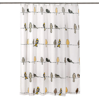 Lush Decor Rowley Birds - Cortina de Ducha de 72 Pulgadas de Ancho x 72 Pulgadas de Largo, Amarillo y Gris, diseño de pájaros Florales Coloridos, Cortina de Ducha de pájaros caprichosos y juguetones,