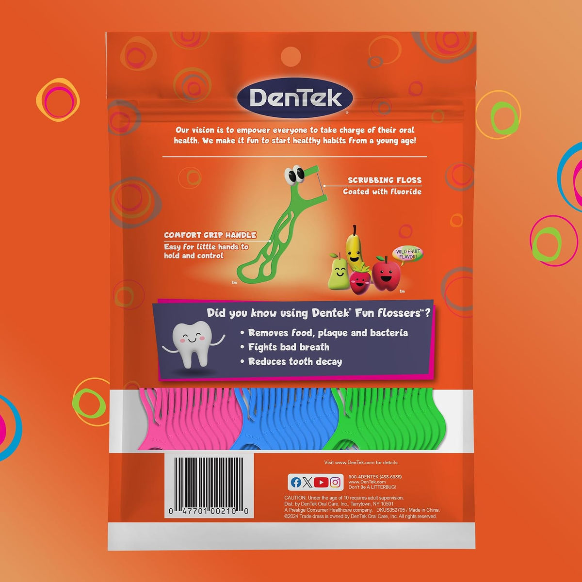 Dentek Kids Fun Flossers with Advanced Fluoride Coating | Removes Food & Plaque | Wild Fruit Flavored Floss Picks | 75 Count | Pack of 6