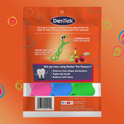 Dentek Kids Fun Flossers with Advanced Fluoride Coating | Removes Food & Plaque | Wild Fruit Flavored Floss Picks | 75 Count | Pack of 6
