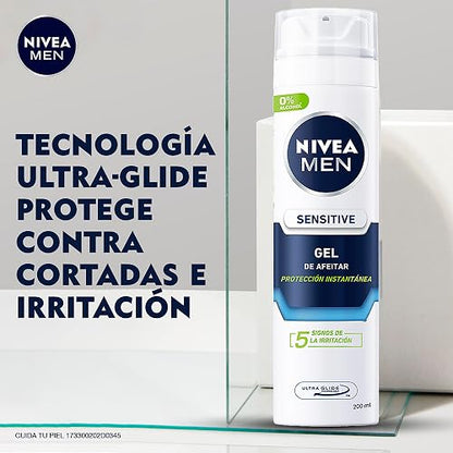 NIVEA MEN Gel para Afeitar Sensitive (200 ml) Enriquecido con Manzanilla para Piel Sensible, fórmula extra suave 0% alcohol