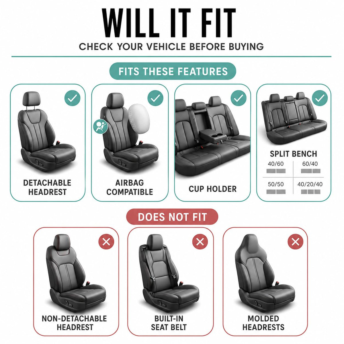 FH Group - Juego Completo de Fundas de Asiento de Automóvil de Tela Premium, Ajuste Universal, Funda de Asiento para automóvil, Fundas de Asiento Delantero Trasero bajo, Compatible con Bolsas de Aire,