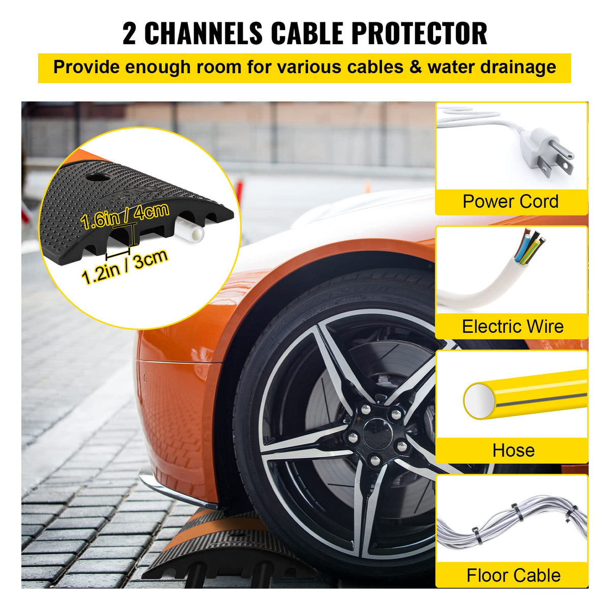 VEVOR Rampa de Protección de Cable 2 Canales Canaleta Pasacables de Suelo 3 x 4 cm Protector de Cables de Caucho y PVC Capacidad de Carga de 9980 kg Cubiertas de Suelo para Cables Negro y Amarillo