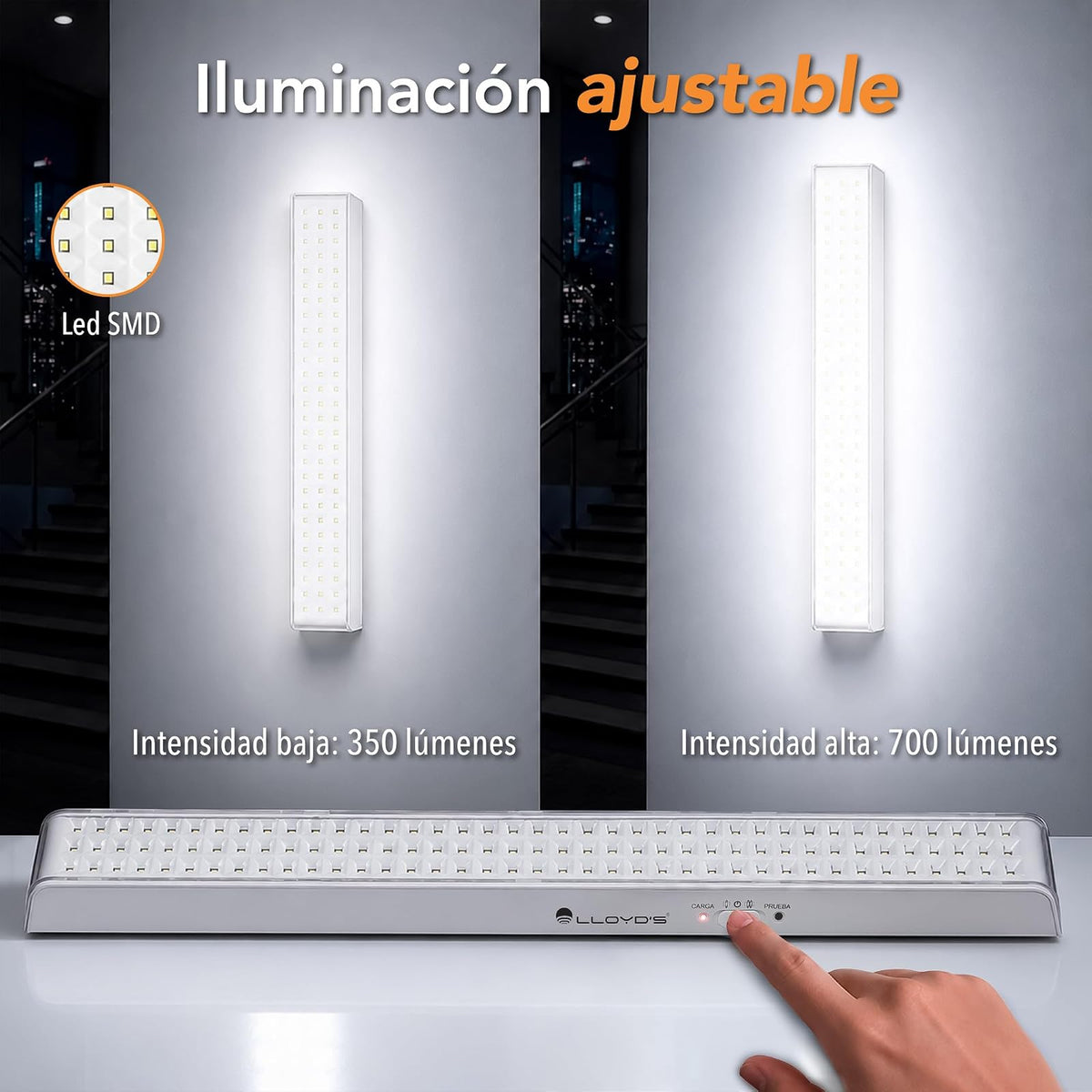 Lloyd's Lámpara de Emergencia Ultra Delgada 120 LED 700 LM Recargable | Hasta 6 horas de iluminación, encendido automático y diseño ultradelgado ideal para emergencias en interiores.