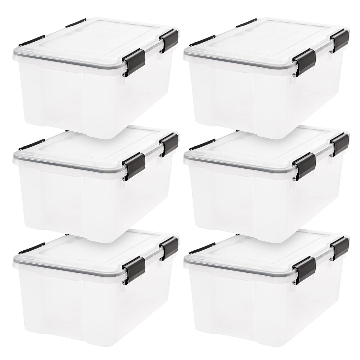 IRIS USA 6 Contenedores de 19 Qt con Tapa Hermética, Claro/Negro | El sello WeatherPro protege zapatos, manualidades, documentos y suministros del polvo y la humedad.