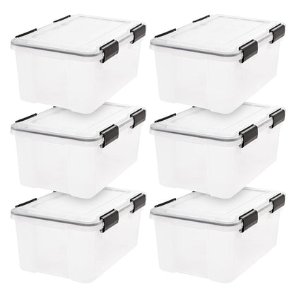IRIS USA 6 Contenedores de 19 Qt con Tapa Hermética, Claro/Negro | El sello WeatherPro protege zapatos, manualidades, documentos y suministros del polvo y la humedad.