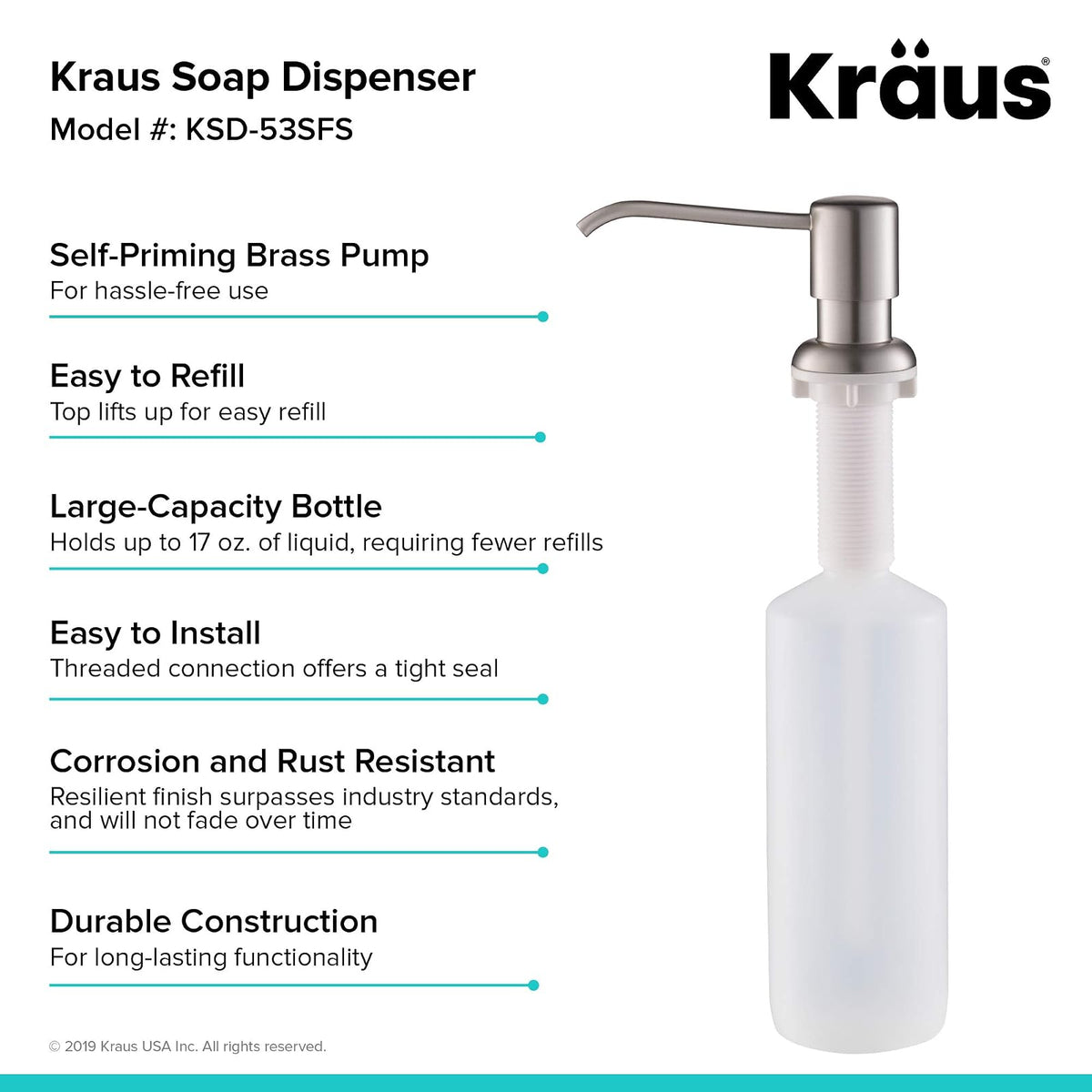KRAUS Boden KSD-53SFS Dispensador de jabón y loción de cocina en acero inoxidable sin puntos
