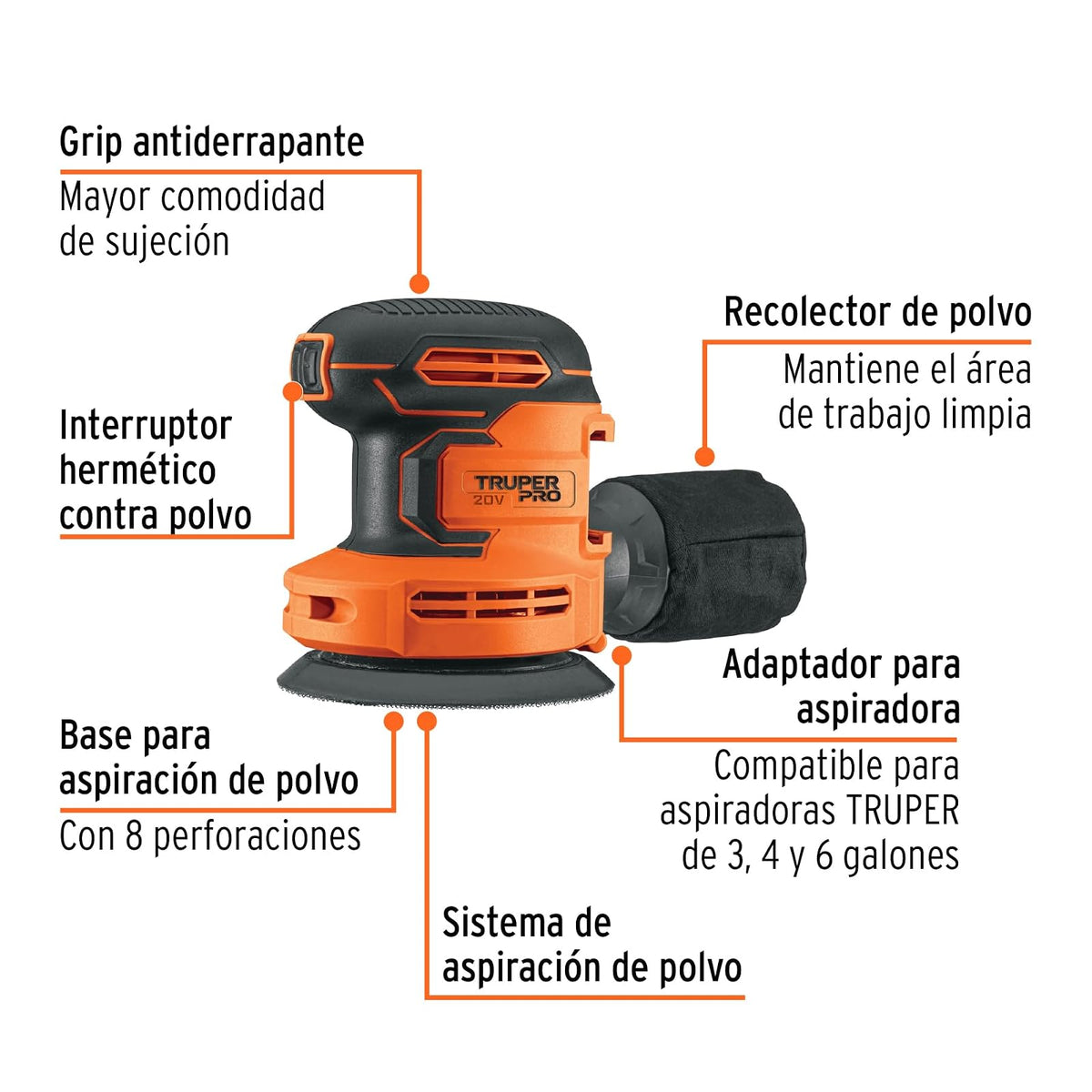 Truper PRO LIRI-20AS, Lijadora roto-orbital 5" inalámbrica 20 V sin accesorios