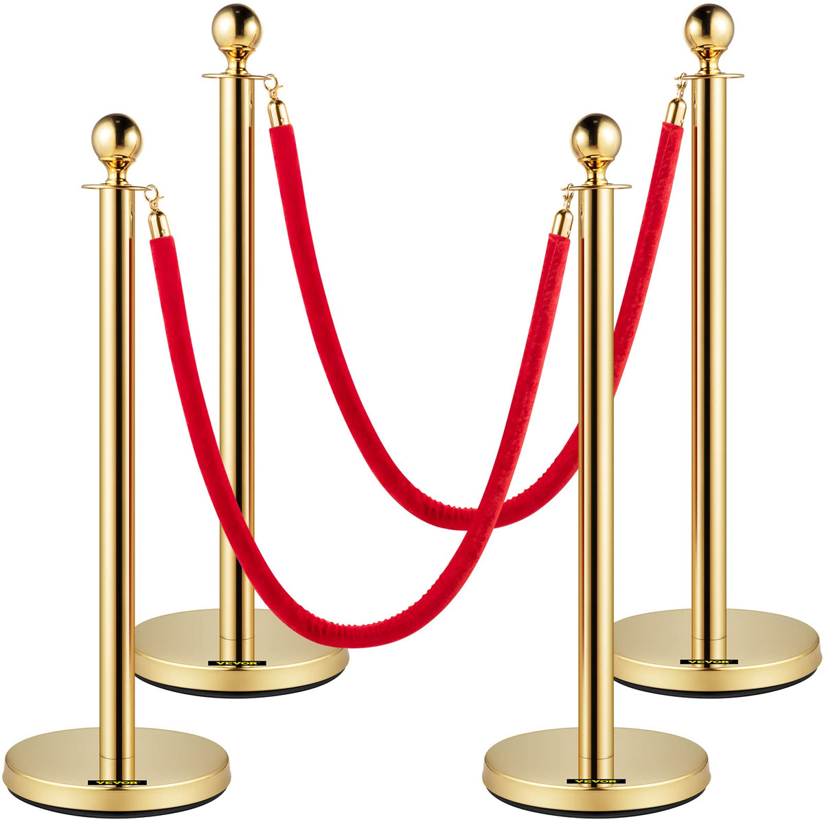 VEVOR Kit de 6 Postes Guía con Cuerdas de Terciopelo, Color Oro, 95 cm - Base de metal - Oro - 4Pcs 2Rope