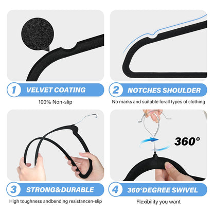 YSSOA - Juego de 60 Perchas de Terciopelo Antideslizantes con Muescas en los Hombros, Ganchos giratorios de 360°, Perchas estándar Resistentes para Ahorrar Espacio en el clóset, Color Negro