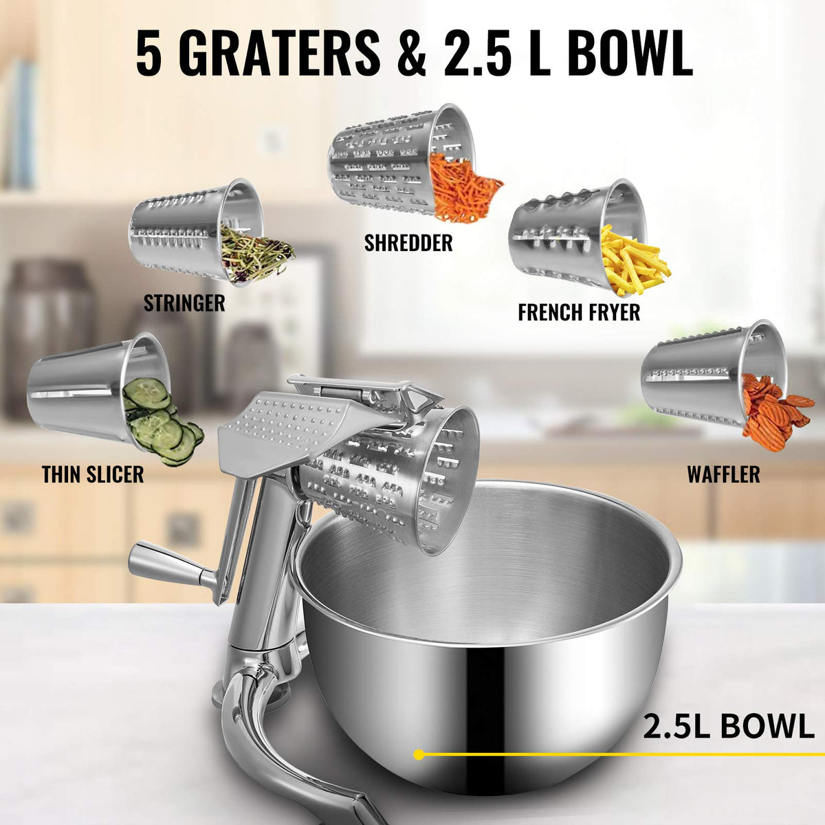 VEVOR - Rallador rotatorio de queso, mandolina rotativa de aleación de zinc, mandolina de queso manual con 5 conos de corte de acero inoxidable, rallador manual de verduras con tazón de 2,5 L, trituradora rotativa con base de succión