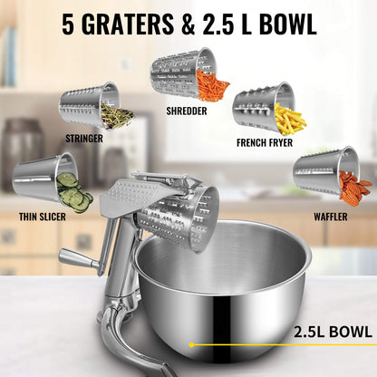 VEVOR - Rallador rotatorio de queso, mandolina rotativa de aleación de zinc, mandolina de queso manual con 5 conos de corte de acero inoxidable, rallador manual de verduras con tazón de 2,5 L, trituradora rotativa con base de succión